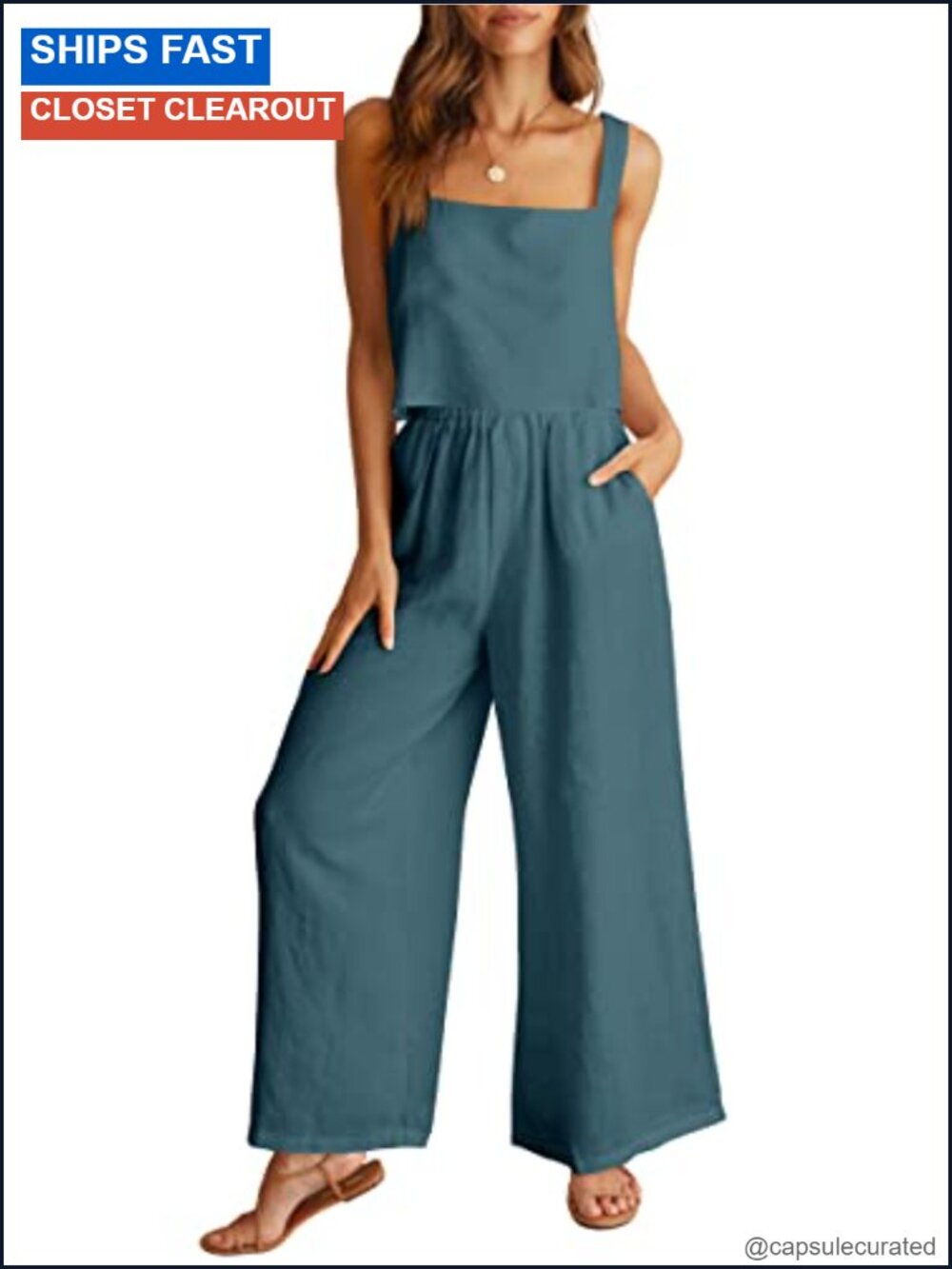 2 Piece Linen Set Sleeveless Crop Top Wide Leg Pants Summer Matching Outfit